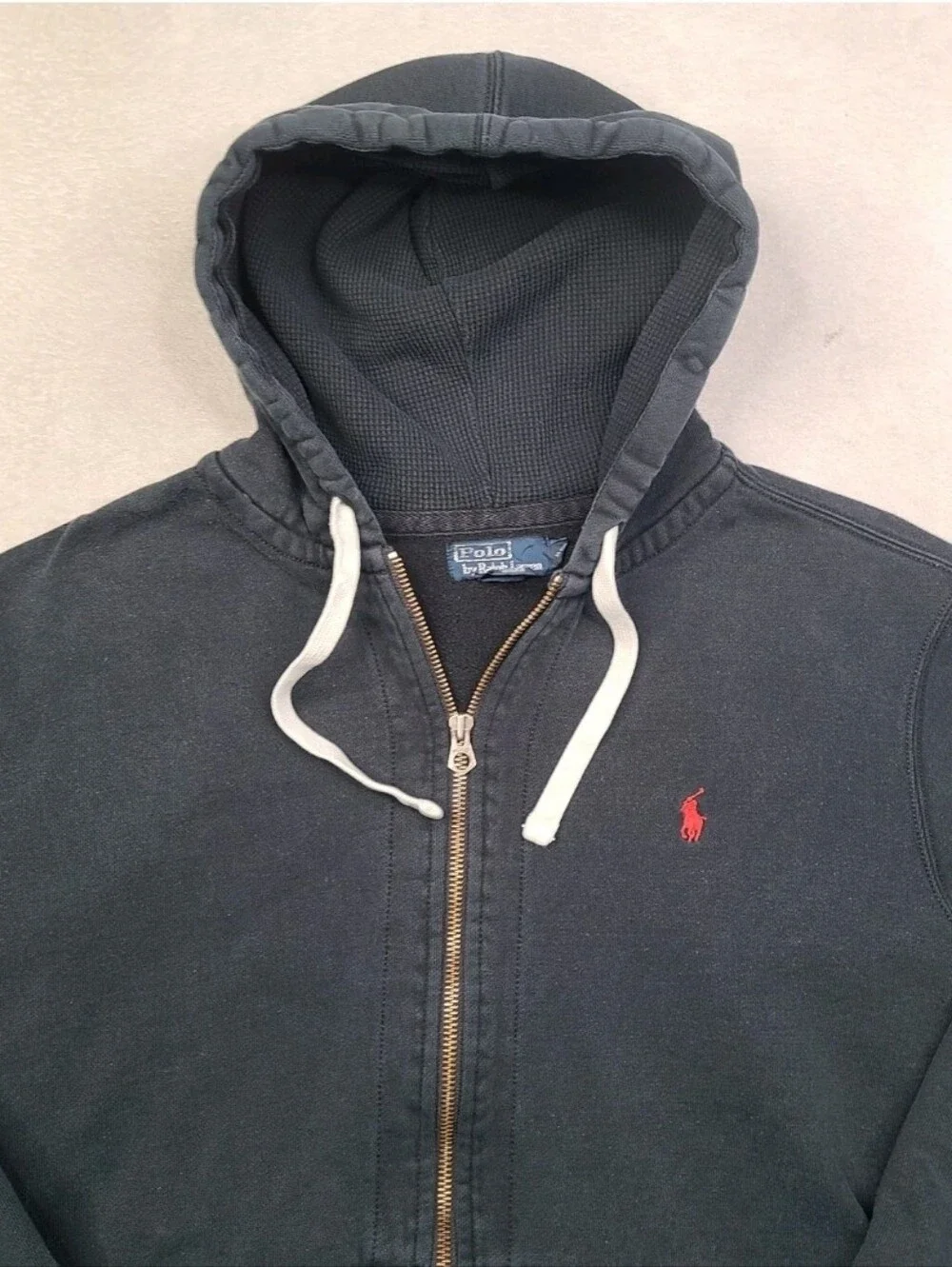 Vintage Polo Ralph Lauren Hoodie Mens 2XL Black Heavy Full Zip Thermal Fade Y2K